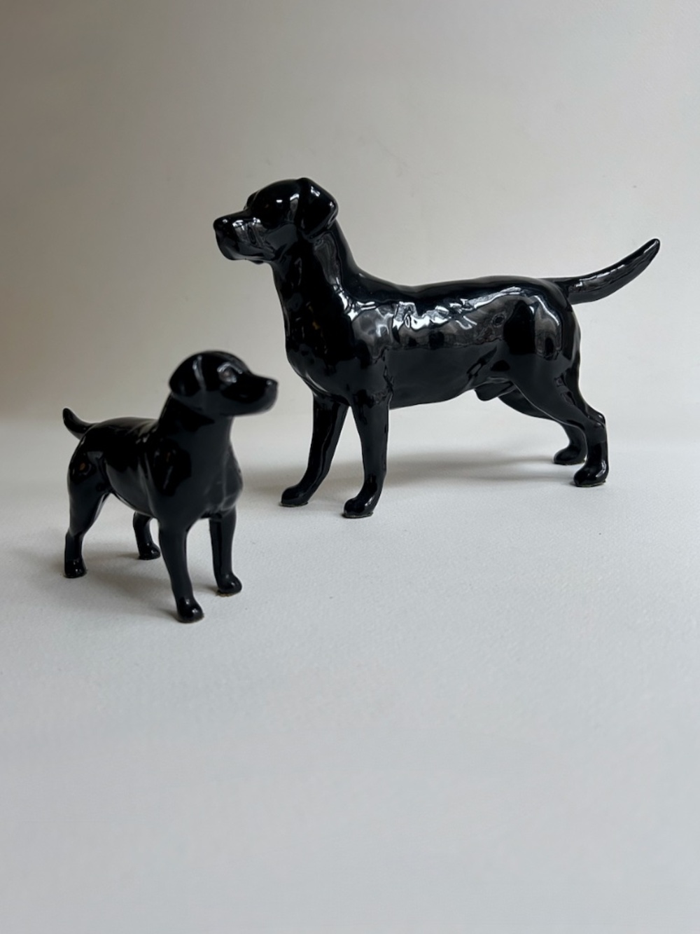 Two Beswick England Black Labrador Dog Porcelain Figurines, C. 1960